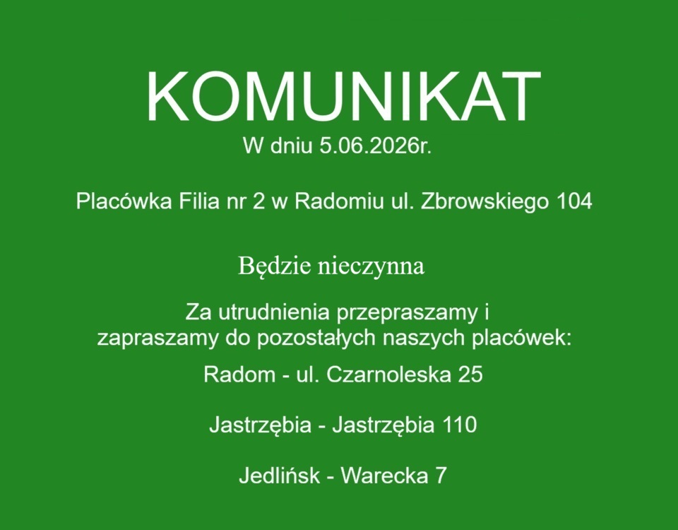 Skrócony czas pracy Filii nr 2 w Radomiu